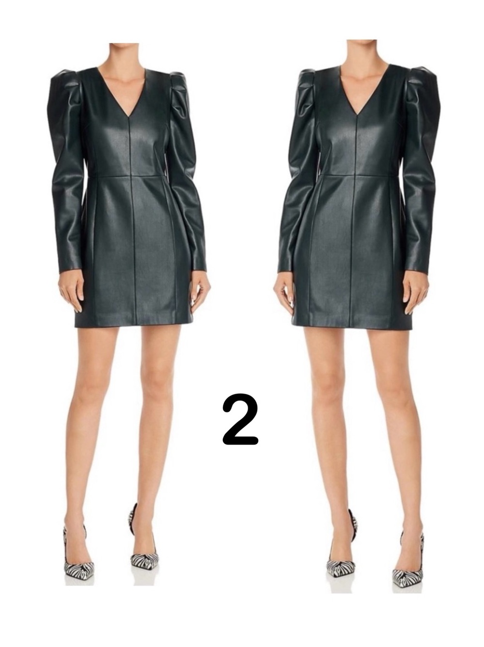 NWT dark hunter green leather vegan mini dress puff long sleeves V neck 2